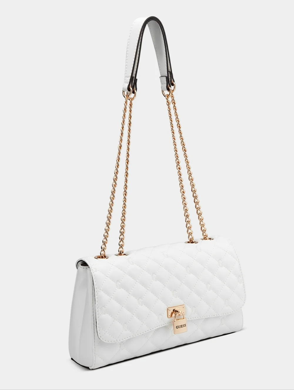 Guess Quilted White Shoulder Bag with Gold Chain Strap